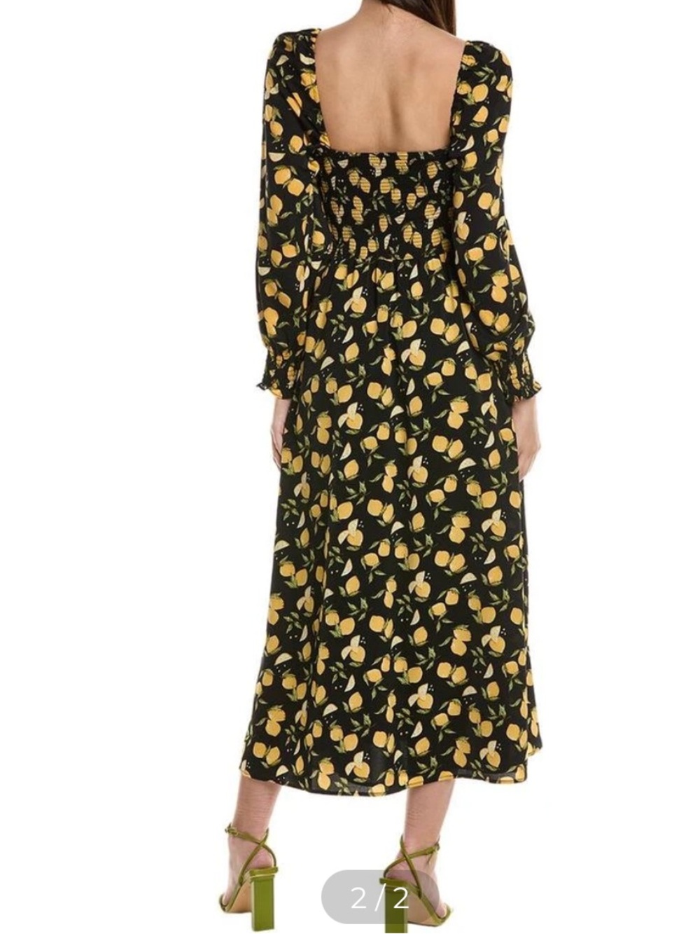 O.P.T Women's Classic Smocked Black & Yellow Lemon Print Square Neck Midi Dress - Picture 2 of 6